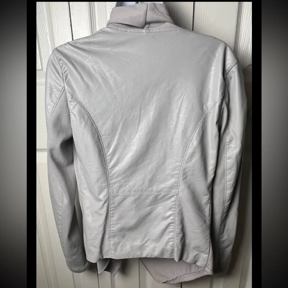 BL^NK NYC Gray Jacket Faux Leather Vegan Knit Moto Asymmetrical Zip Drapey